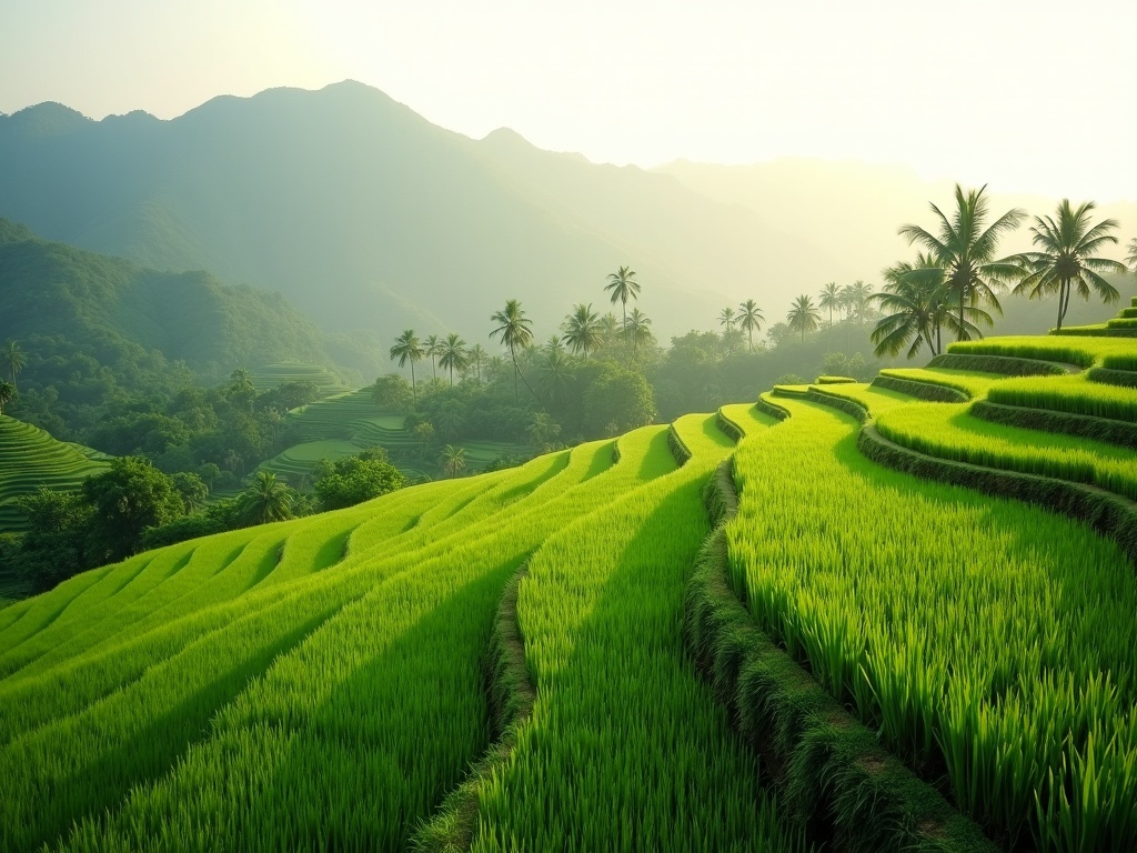 Curved emerald rice terraces in central Bali under soft morning light