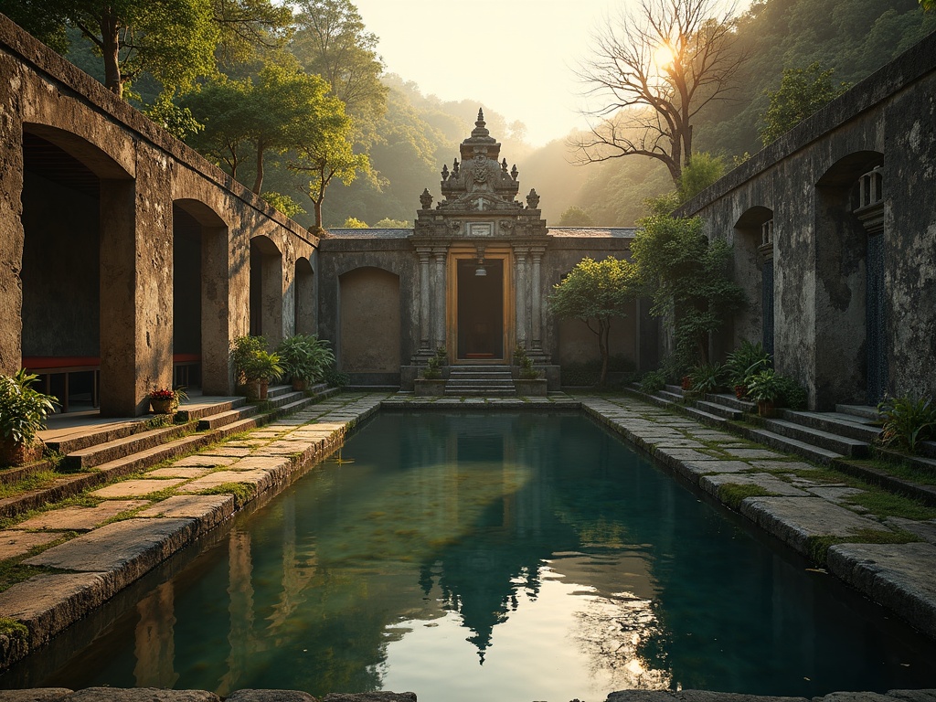 A calm stone Balinese water-temple courtyard reflected in a still pool at golden hour