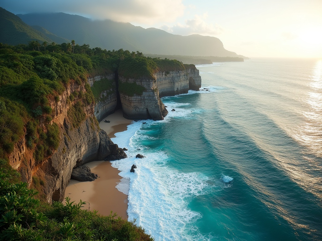 Rugged south-Bali limestone cliffs above turquoise ocean in warm late-afternoon light