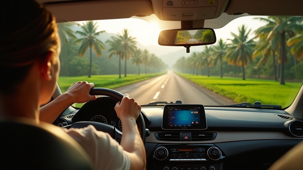 View from the back seat of a private tour car driving a palm-lined Bali road past green rice terraces on a sunny morning